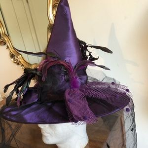 Purple satin witches hat with feathers